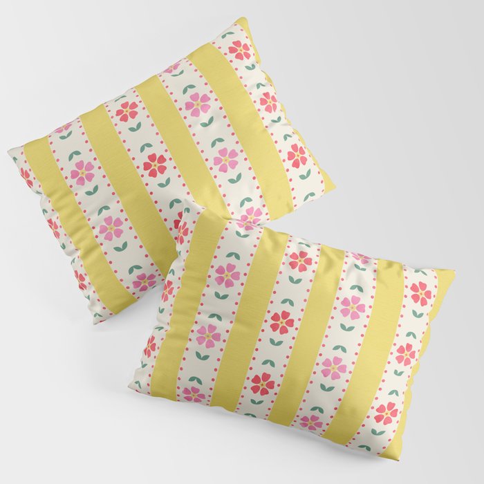 Granny Style Vintage Florals On Yellow Stripes Pillow Sham
