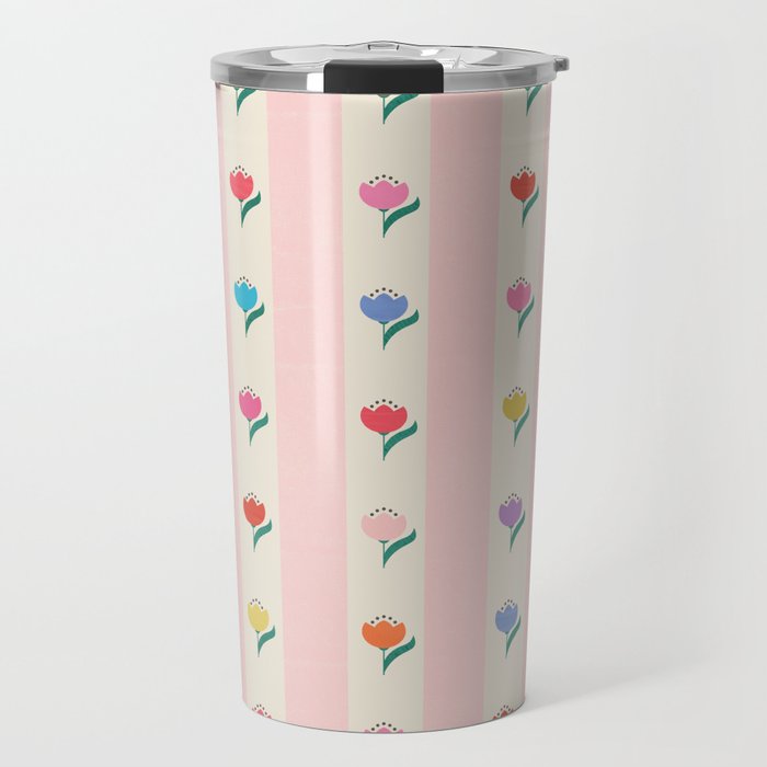 Cheery Tulips On Pink And Cream Vertical Stripes Travel Mug