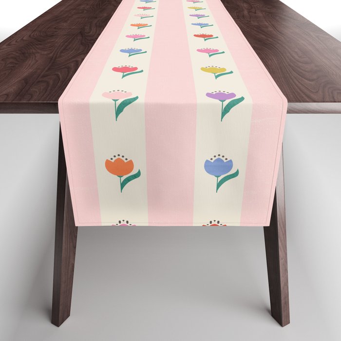 Cheery Tulips On Pink And Cream Vertical Stripes Table Runner