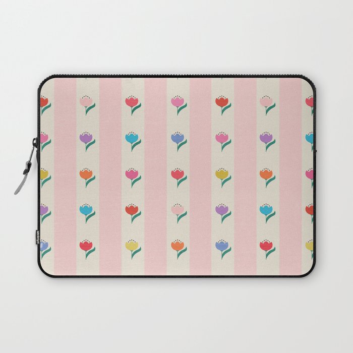 Cheery Tulips On Pink And Cream Vertical Stripes Laptop Sleeve