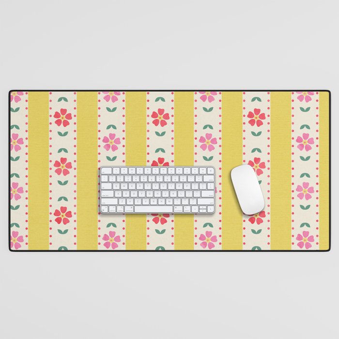 Granny Style Vintage Florals On Yellow Stripes Desk Mat