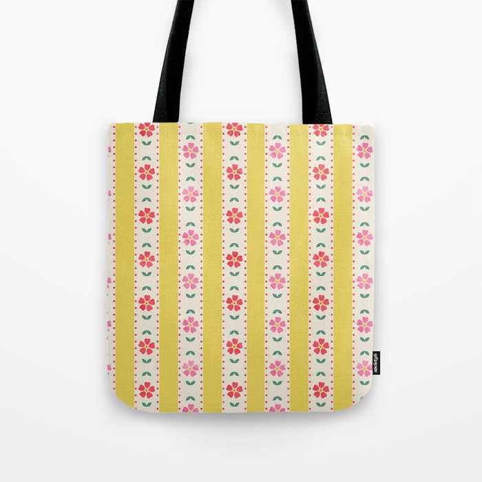 Granny Style Vintage Florals On Yellow Stripes Tote Bag