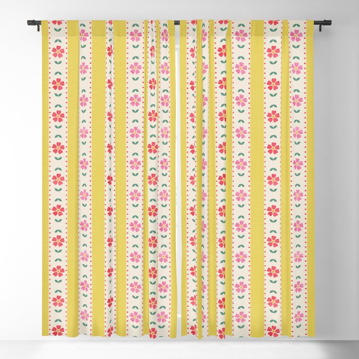 Granny Style Vintage Florals On Yellow Stripes Window Curtain