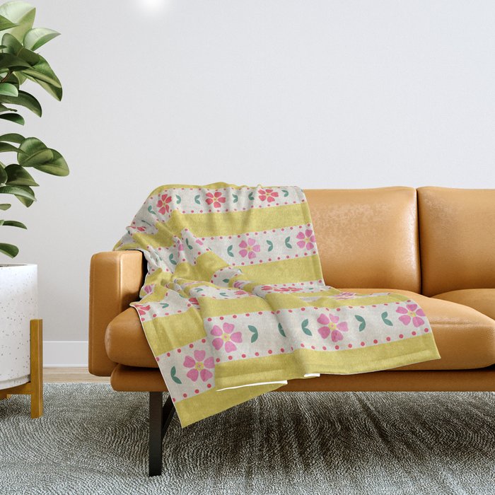 Granny Style Vintage Florals On Yellow Stripes Throw Blanket