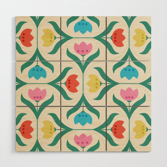 Vintage Tulips Patchwork Pattern Wood Wall Art