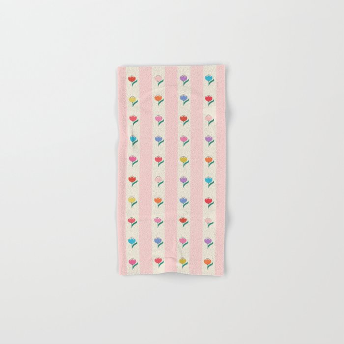 Cheery Tulips On Pink And Cream Vertical Stripes Bath Towel