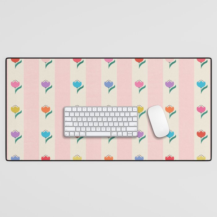 Cheery Tulips On Pink And Cream Vertical Stripes Desk Mat