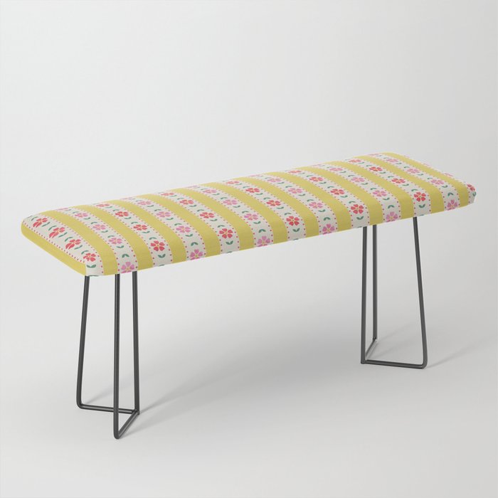Granny Style Vintage Florals On Yellow Stripes Bench