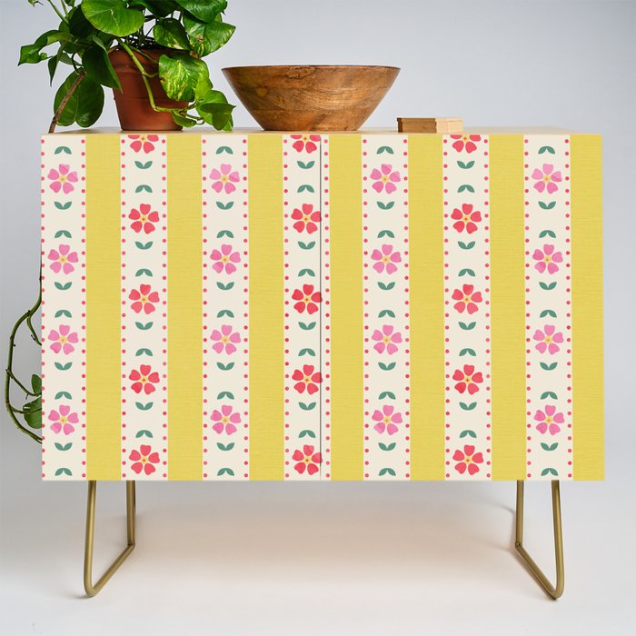 Granny Style Vintage Florals On Yellow Stripes Credenza