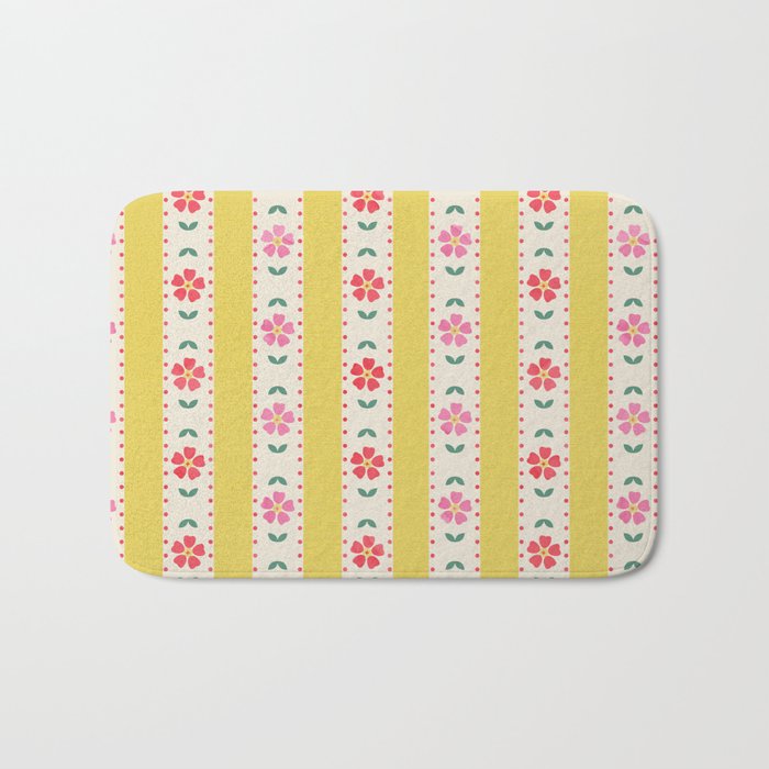 Granny Style Vintage Florals On Yellow Stripes Bath Mat