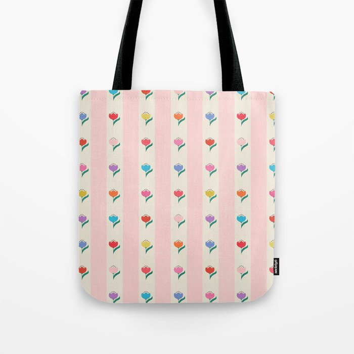 Cheery Tulips On Pink And Cream Vertical Stripes Tote Bag