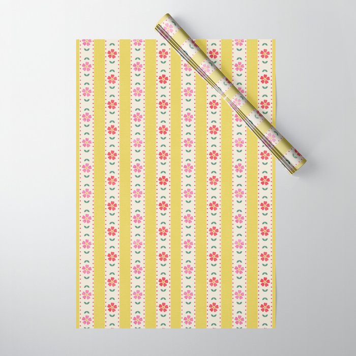 Granny Style Vintage Florals On Yellow Stripes Wrapping Paper