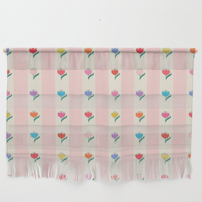 Cheery Tulips On Pink And Cream Vertical Stripes Wall Hanging