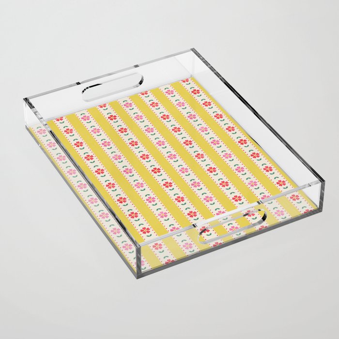 Granny Style Vintage Florals On Yellow Stripes Acrylic Tray