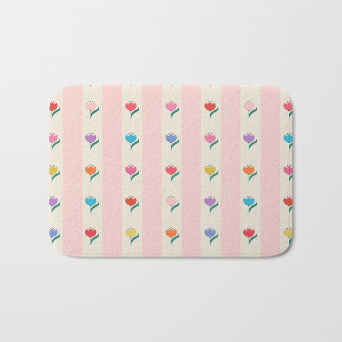 Cheery Tulips On Pink And Cream Vertical Stripes Bath Mat