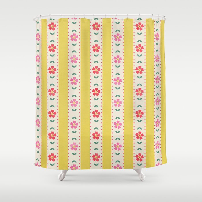 Granny Style Vintage Florals On Yellow Stripes Shower Curtain