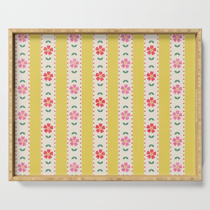 Granny Style Vintage Florals On Yellow Stripes Serving Tray