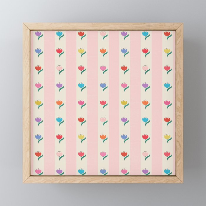 Cheery Tulips On Pink And Cream Vertical Stripes Mini Art Print