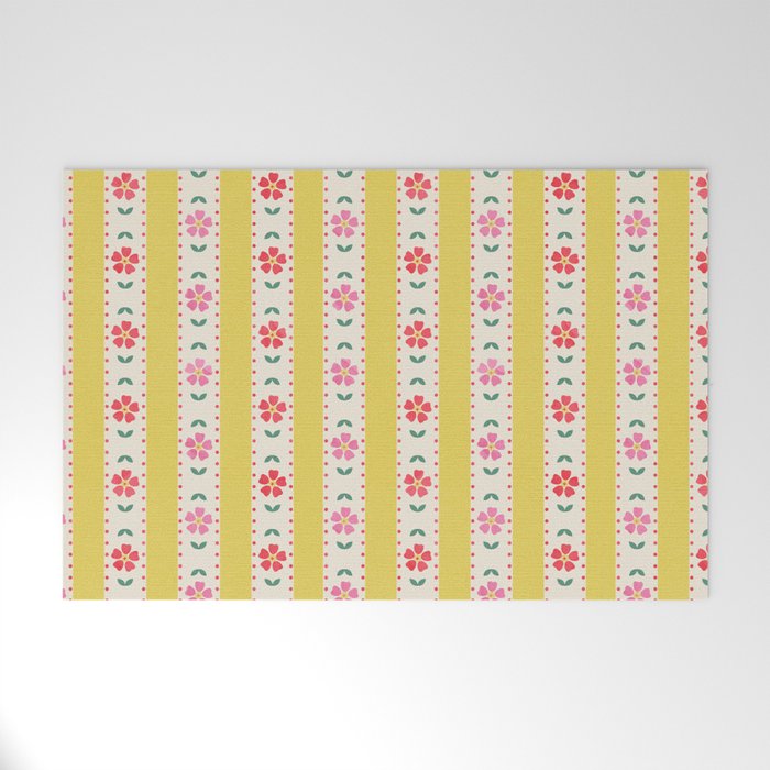 Granny Style Vintage Florals On Yellow Stripes Welcome Mat