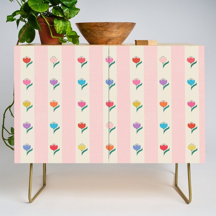 Cheery Tulips On Pink And Cream Vertical Stripes Credenza