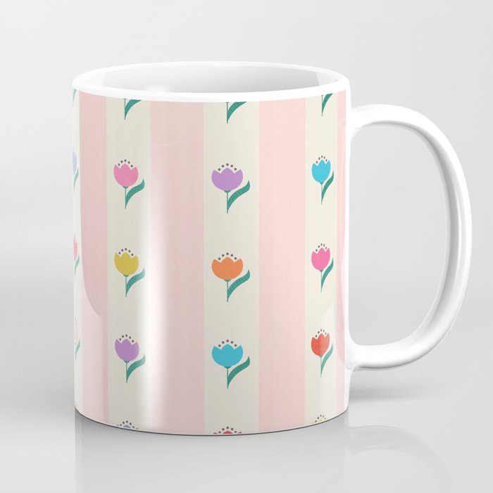 Cheery Tulips On Pink And Cream Vertical Stripes Coffee Mug