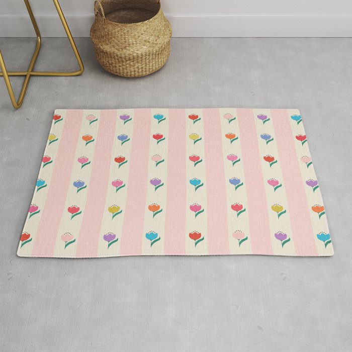 Cheery Tulips On Pink And Cream Vertical Stripes Rug