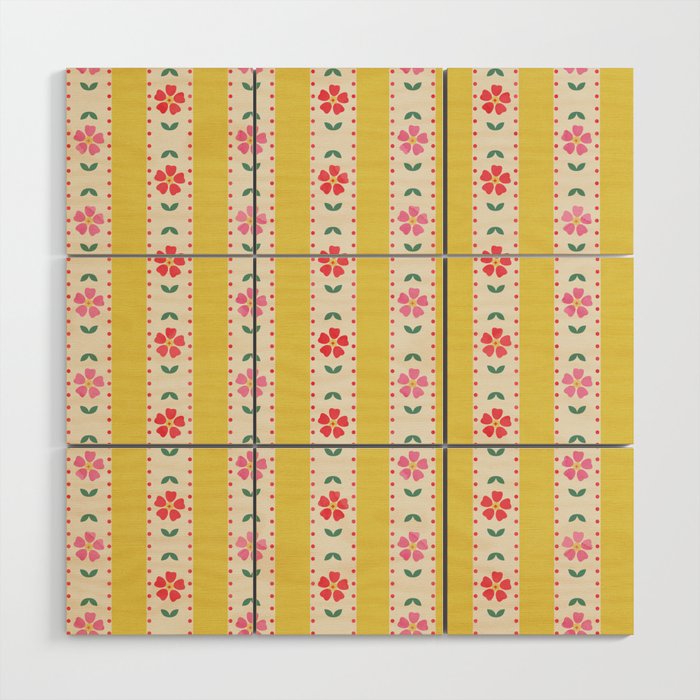 Granny Style Vintage Florals On Yellow Stripes Wood Wall Art