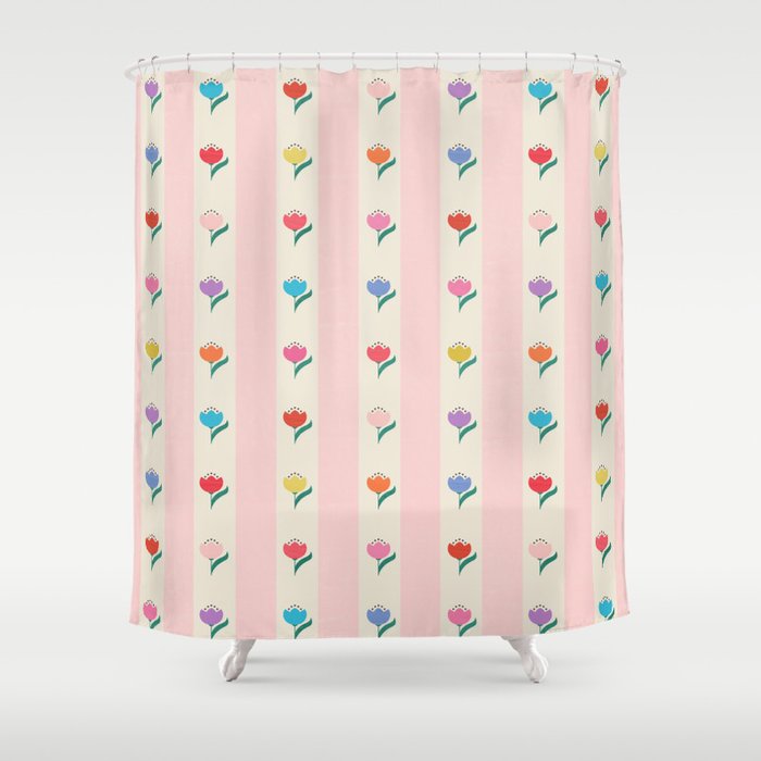 Cheery Tulips On Pink And Cream Vertical Stripes Shower Curtain