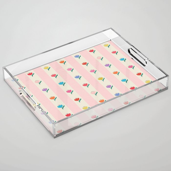 Cheery Tulips On Pink And Cream Vertical Stripes Acrylic Tray
