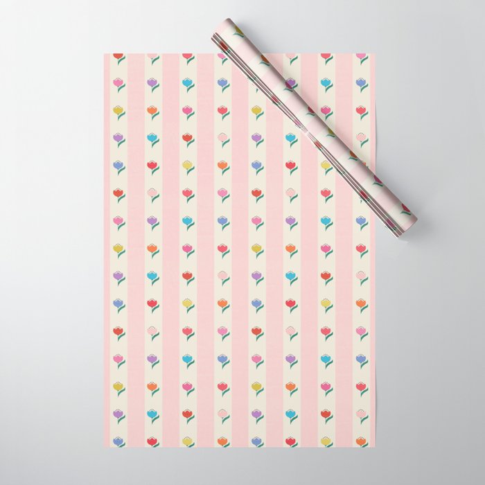 Cheery Tulips On Pink And Cream Vertical Stripes Wrapping Paper