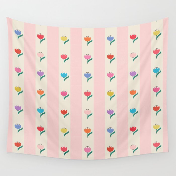 Cheery Tulips On Pink And Cream Vertical Stripes Wall Tapestry