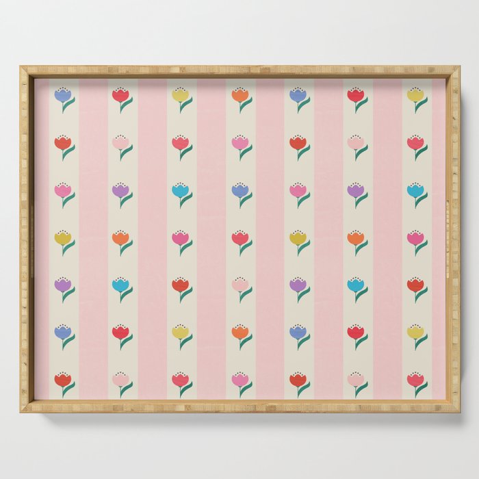 Cheery Tulips On Pink And Cream Vertical Stripes Serving Tray