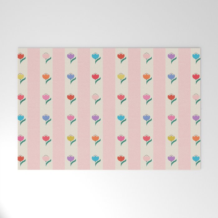Cheery Tulips On Pink And Cream Vertical Stripes Welcome Mat