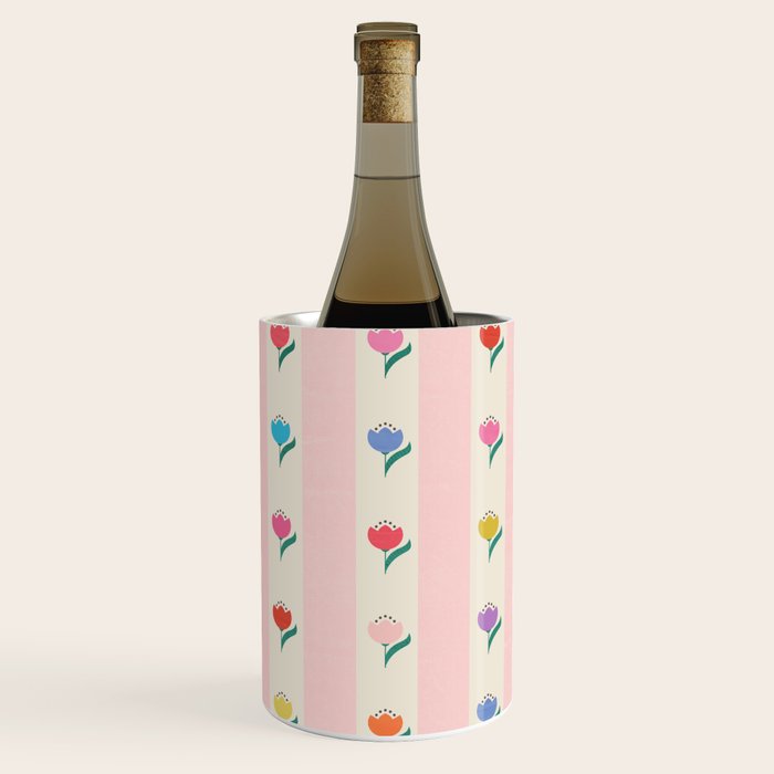 Cheery Tulips On Pink And Cream Vertical Stripes Wine Chiller