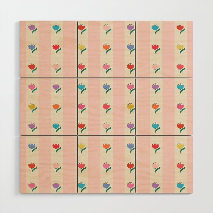 Cheery Tulips On Pink And Cream Vertical Stripes Wood Wall Art