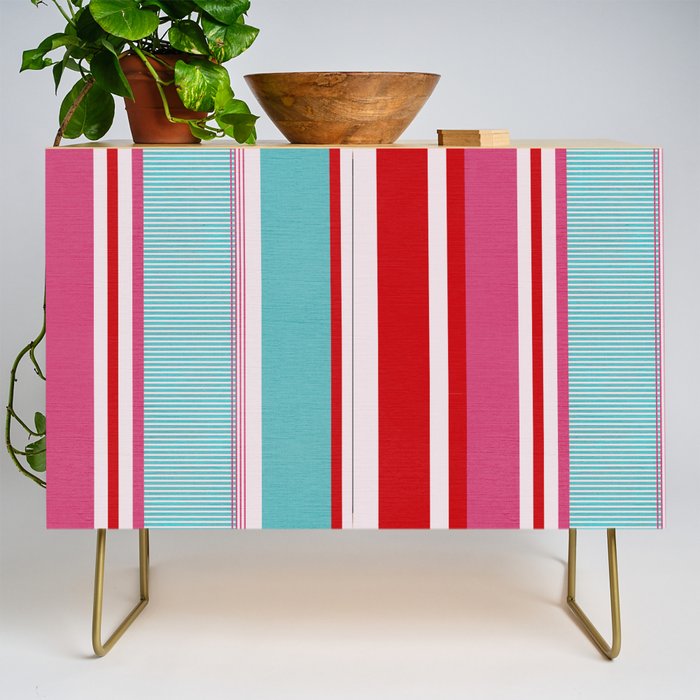 Bold Color Play Pink And Turquoise Stripes Credenza