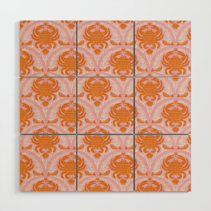 Orange Crab On Pink Pattern Wood Wall Art