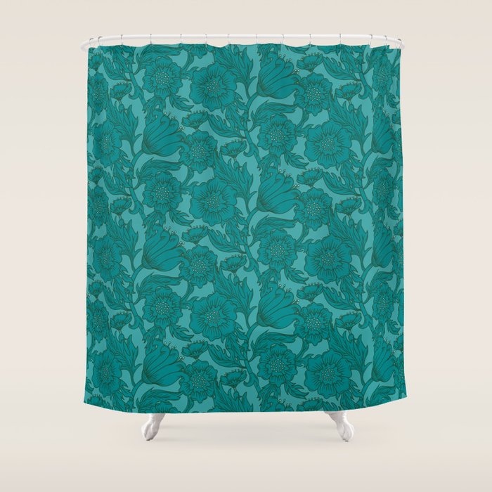 Teal Floral Flourish - Large Shower Curtain