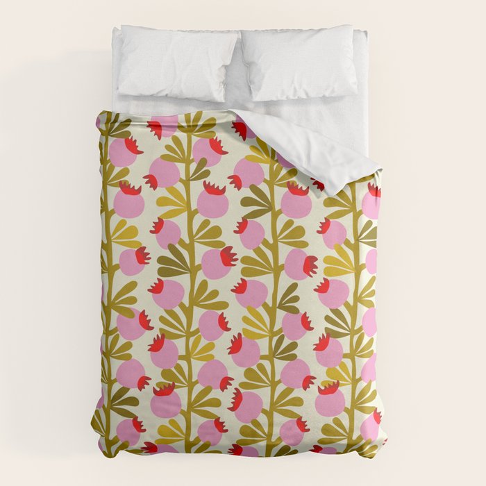 Minimal Nordic Flower Pink With Green Duvet Cover