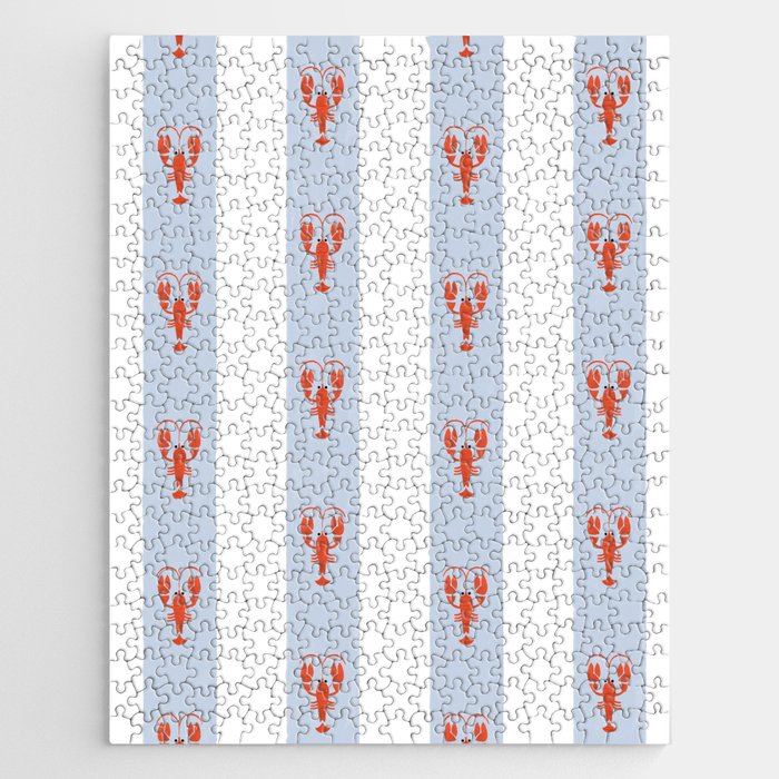 Red Lobsters On Hand-Painted Blue Stripes Jigsaw Puzzle