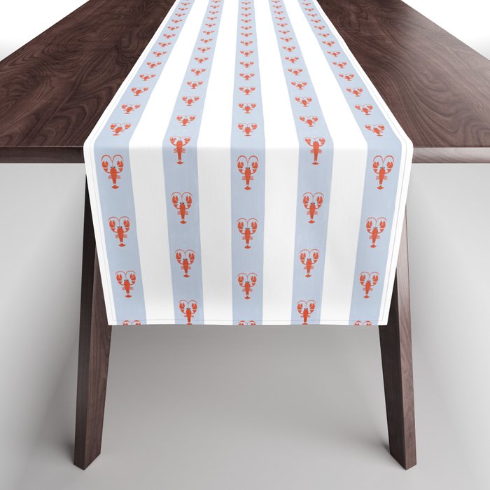 Red Lobsters On Hand-Painted Blue Stripes Table Runner