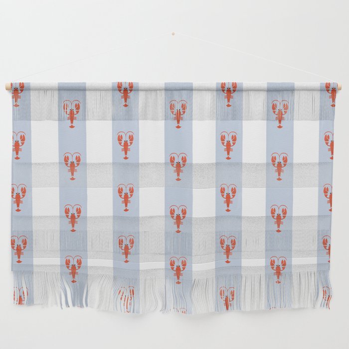 Red Lobsters On Hand-Painted Blue Stripes Wall Hanging
