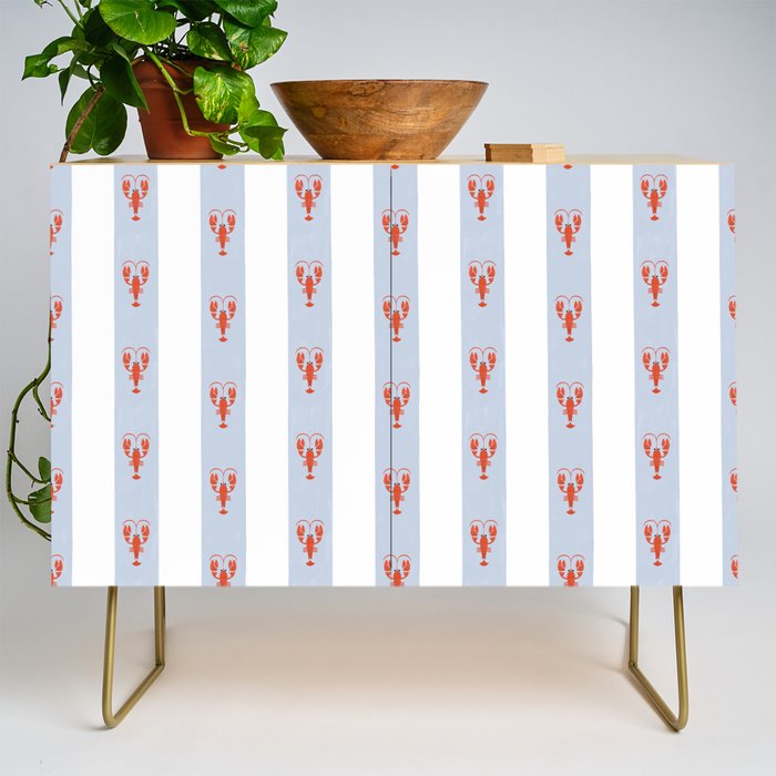 Red Lobsters On Hand-Painted Blue Stripes Credenza