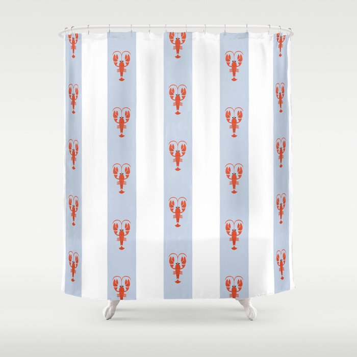 Red Lobsters On Hand-Painted Blue Stripes Shower Curtain