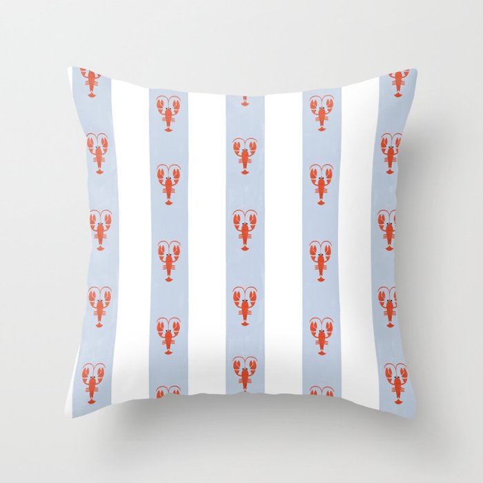 Red Lobsters On Hand-Painted Blue Stripes Throw Pillow