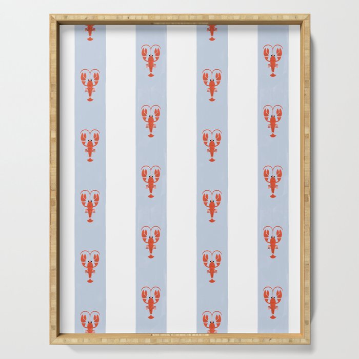Red Lobsters On Hand-Painted Blue Stripes Serving Tray