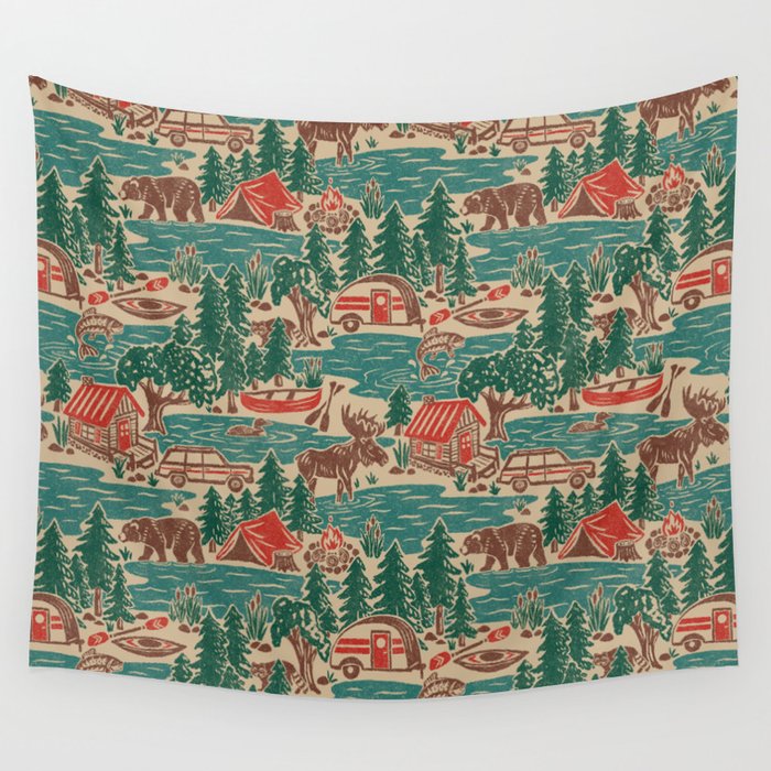 North Country Summer - Vintage Teal, Green, Brown, And Red Wall Tapestry
