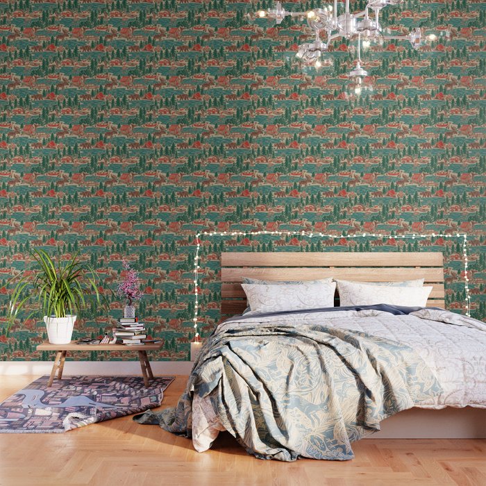 North Country Summer - Vintage Teal, Green, Brown, And Red Wallpaper
