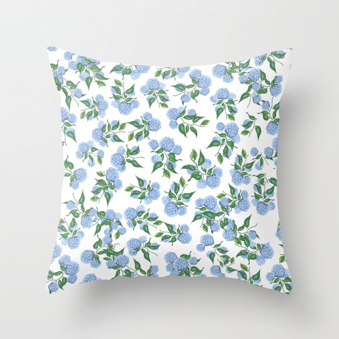 Hydrangea Blue Flowers, Botanicals, Blue And White Floral Throw Pillow