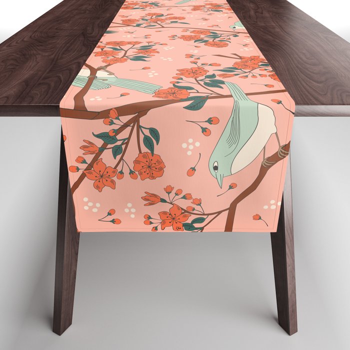 Birds In Cherry Blossom Trees Table Runner